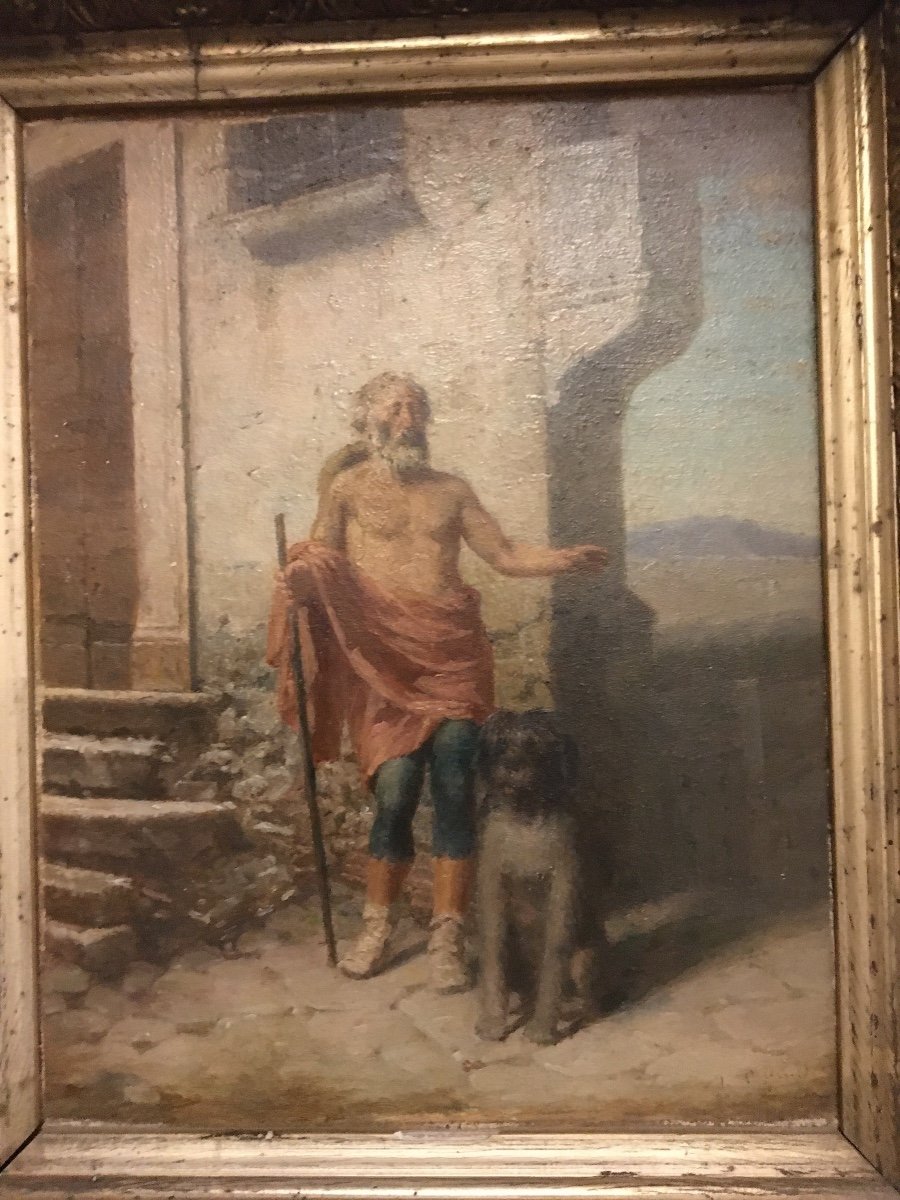 Tableau Représentant Un Pèlerin Ou Un Mendiant et son Chien  .  Huile Sur Carton -photo-2